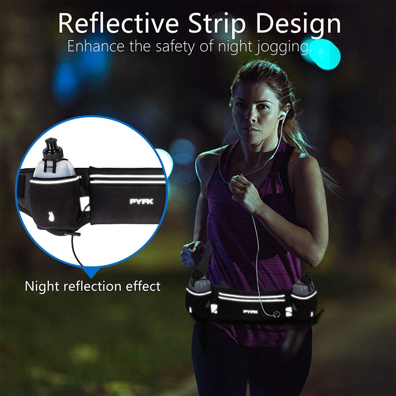 PYFK Running Belt with Water Bottles, Hydration Belt for Men and Women, Water Bottle Holder Running Pouch Water Belt, Fanny Pack Fits 7 inches Phones, Waist pack for Runner Jogging (Black Reflective) - Image 5